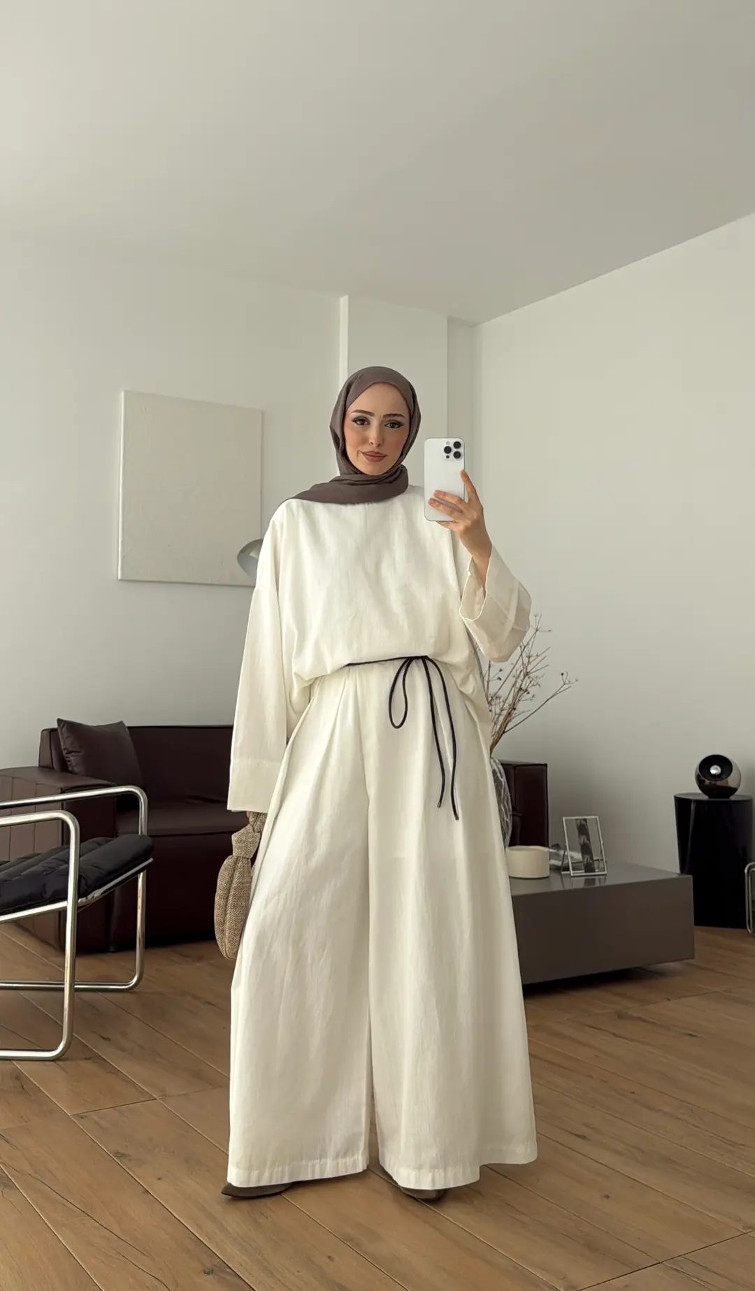 Oversize Keten Bluzlu Takım Ekru