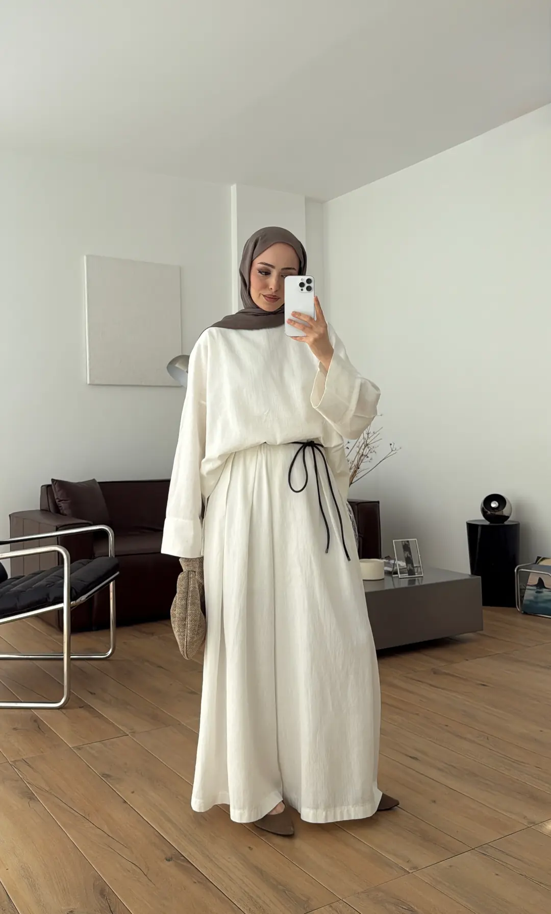 Oversize Keten Bluzlu Takım Ekru