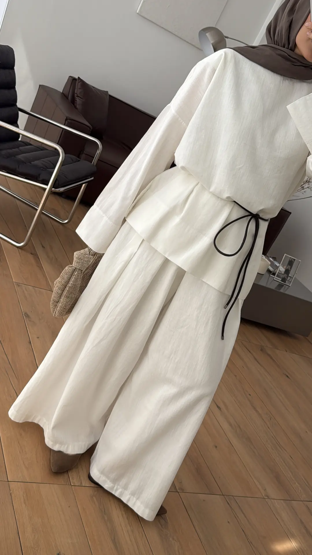 Oversize Keten Bluzlu Takım Ekru