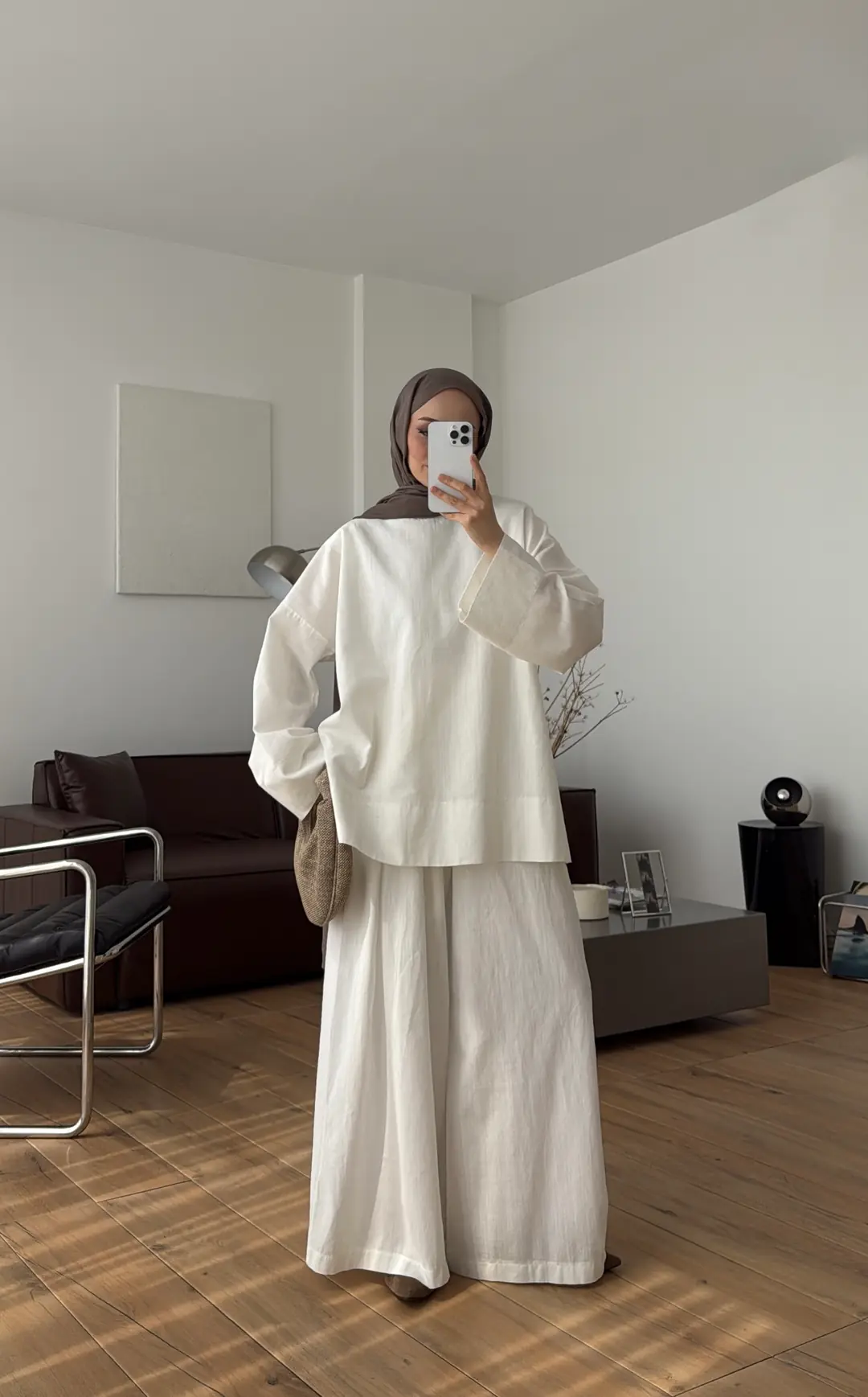 Oversize Keten Bluzlu Takım Ekru