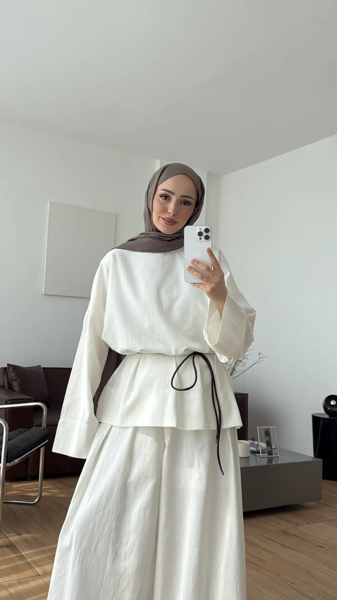 Oversize Keten Bluzlu Takım Ekru