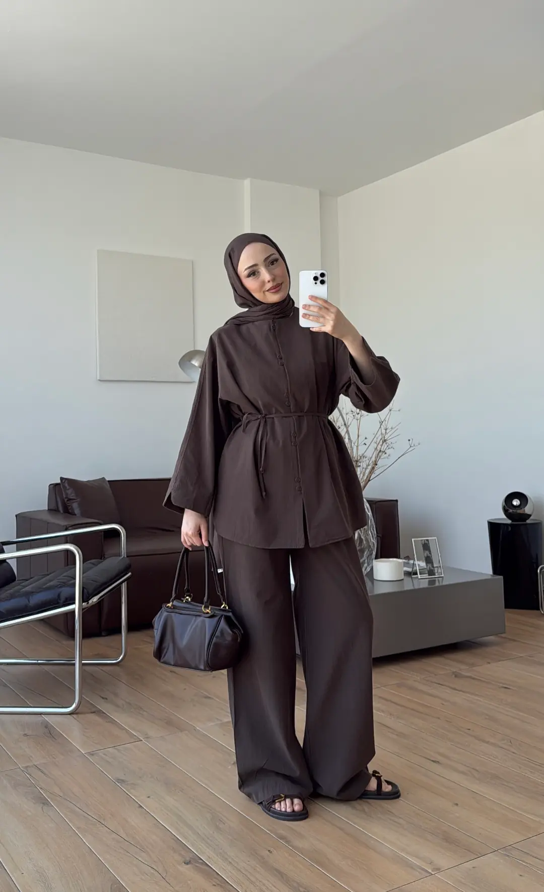 Bisiklet Yaka Keten Takım Kahve