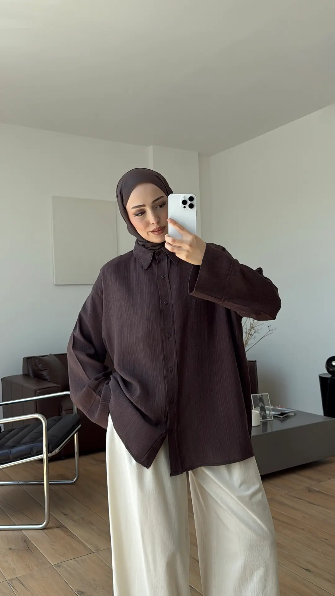 Bağcıklı Geçişli Gömlek Kahve