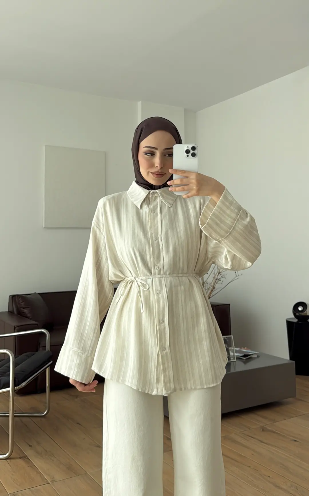 Bağcıklı Geçişli Gömlek Ekru