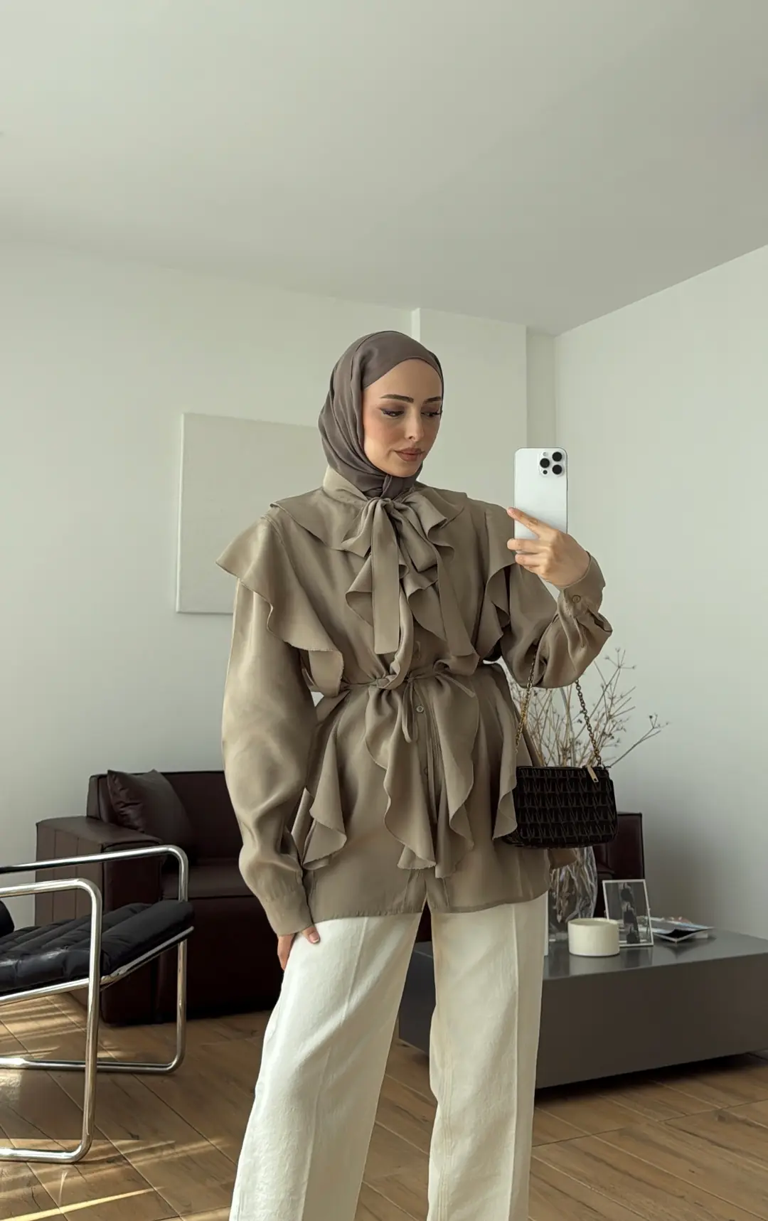 Volanlı Bağcıklı Gömlek Haki