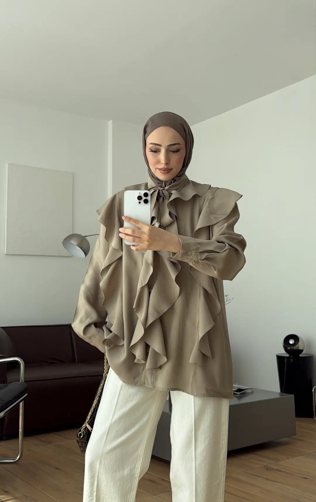 Volanlı Bağcıklı Gömlek Haki