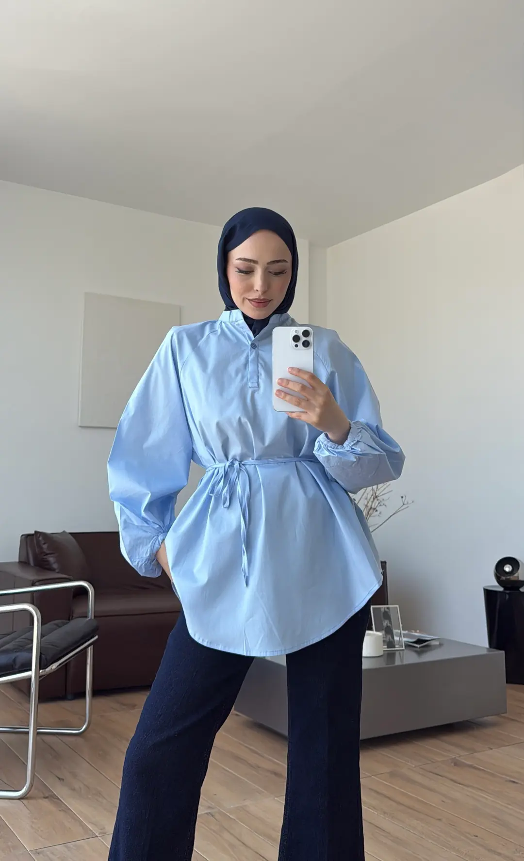 Bağlamalı Balon Kol Gömlek Mavi