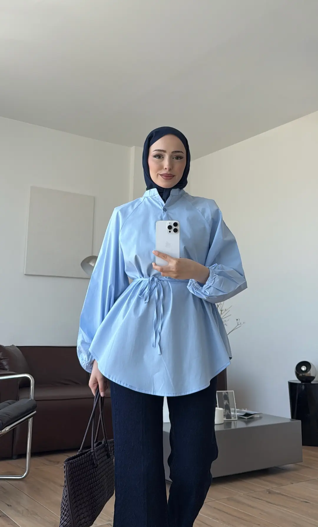 Bağlamalı Balon Kol Gömlek Mavi