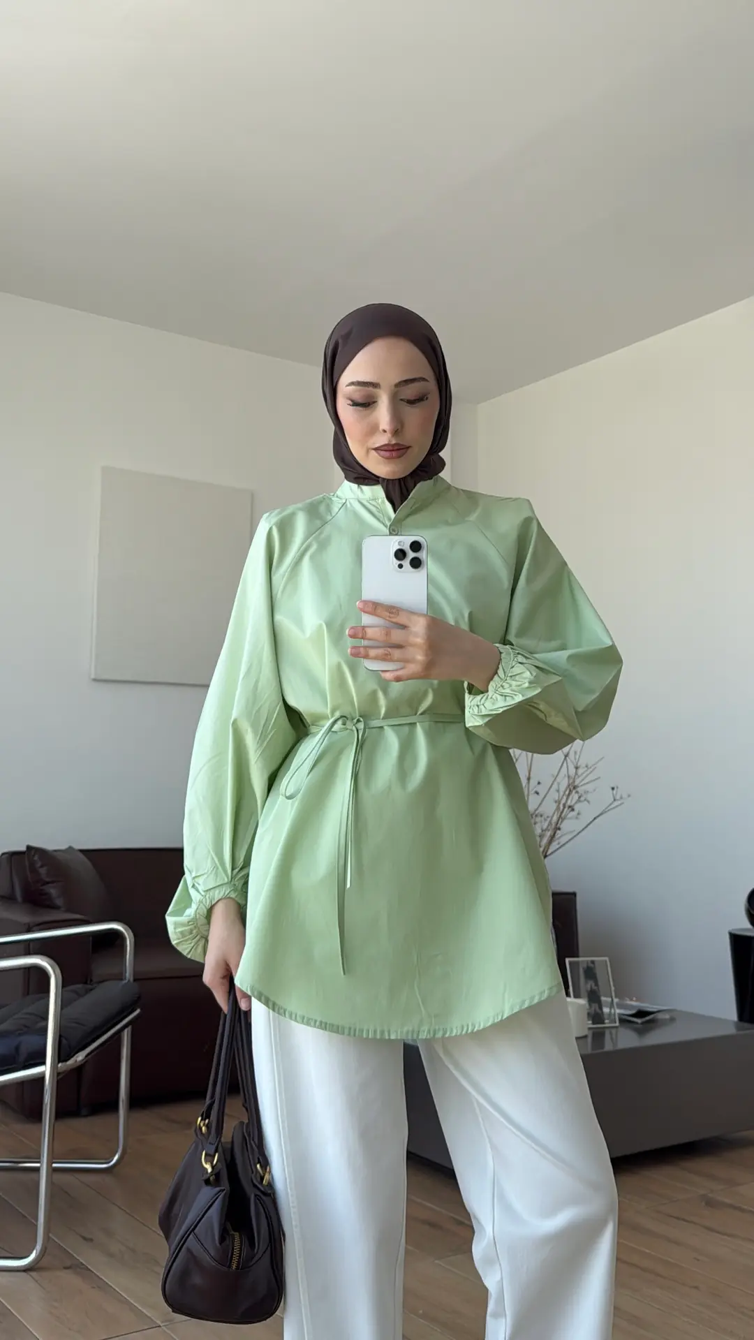 Bağlamalı Balon Kol Gömlek Yeşil