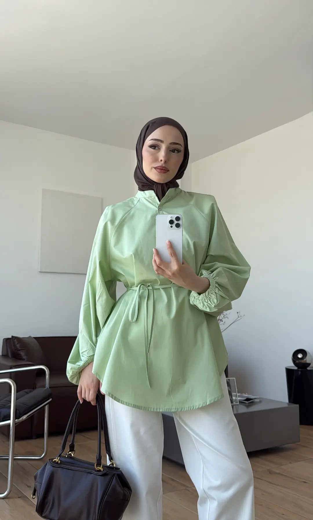 Bağlamalı Balon Kol Gömlek Yeşil