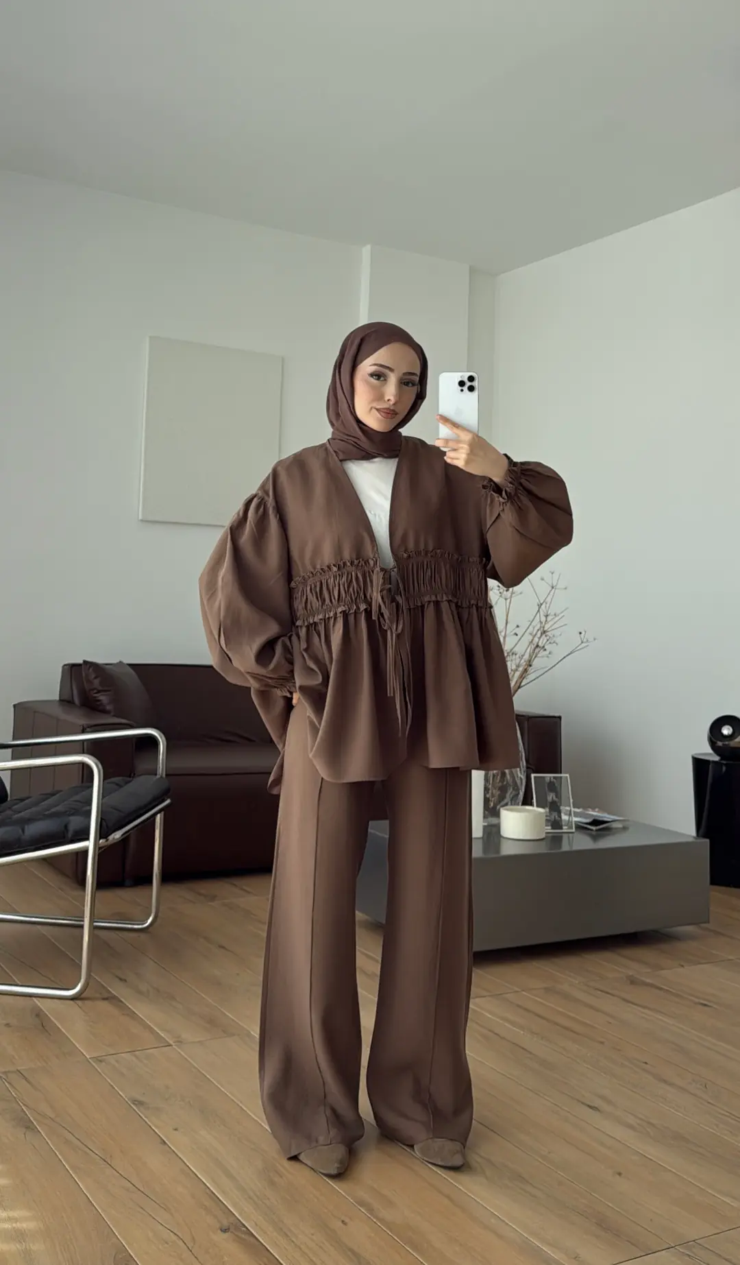 Beli Büzgülü Kimonolu Takım Kahve
