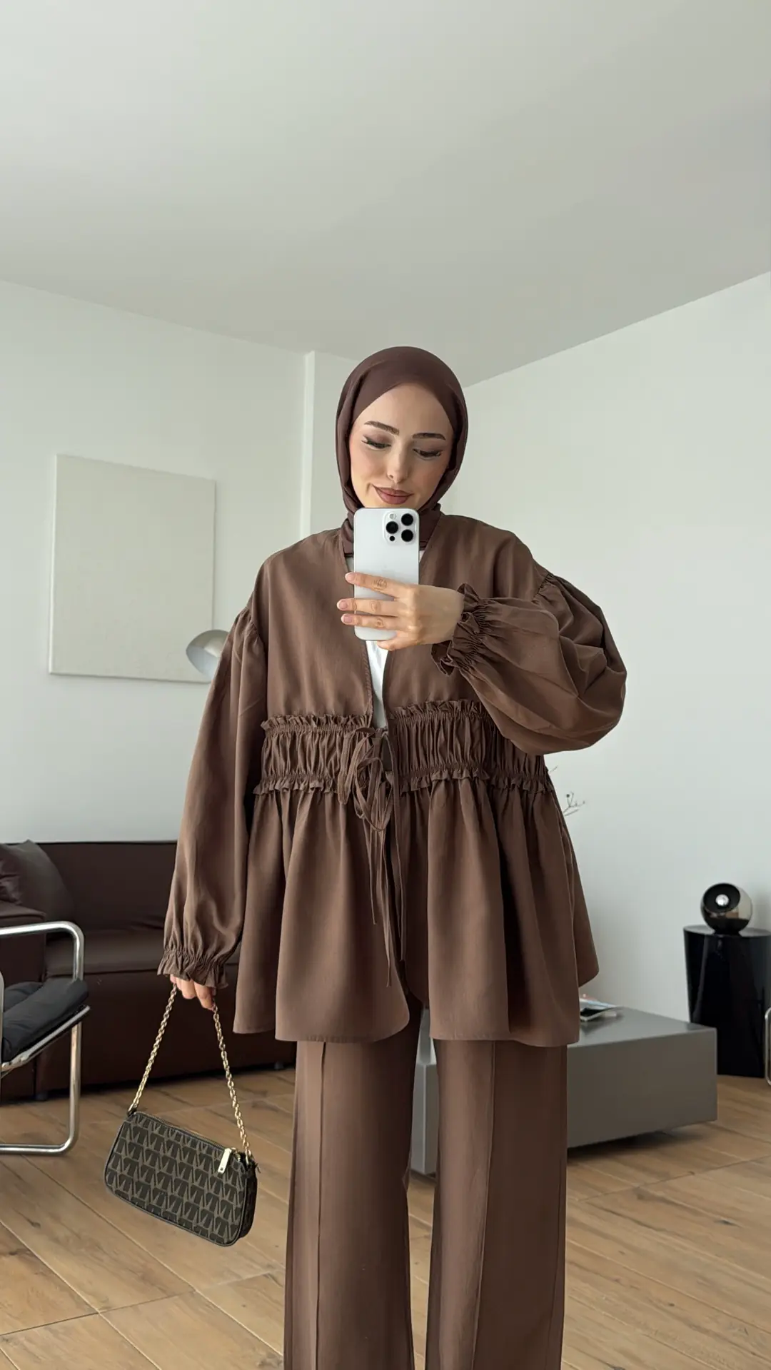 Beli Büzgülü Kimonolu Takım Kahve
