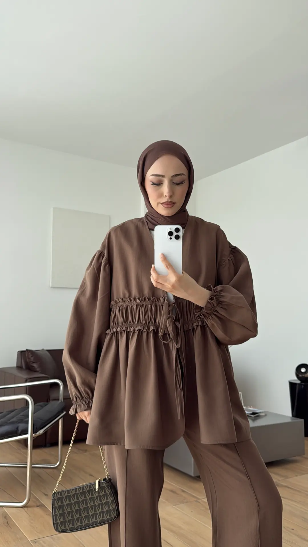 Beli Büzgülü Kimonolu Takım Kahve