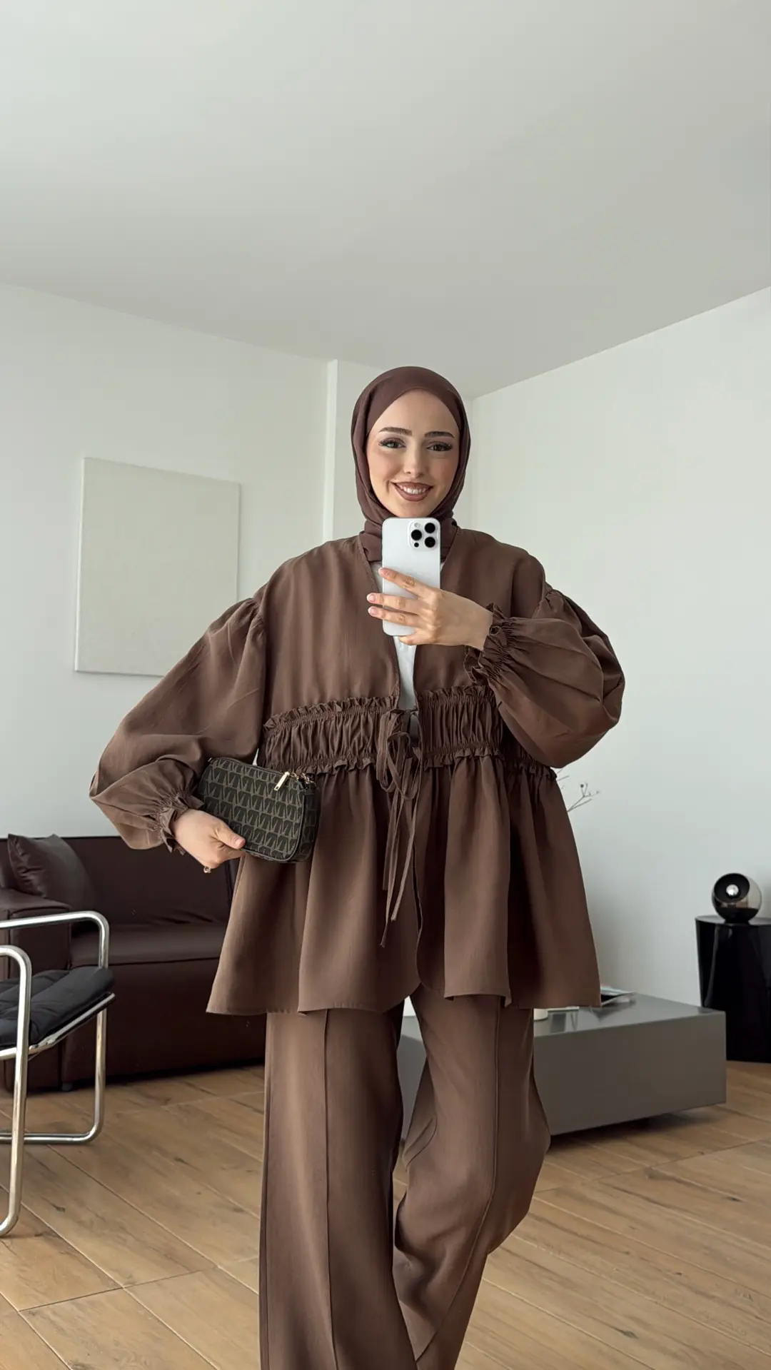 Beli Büzgülü Kimonolu Takım Kahve