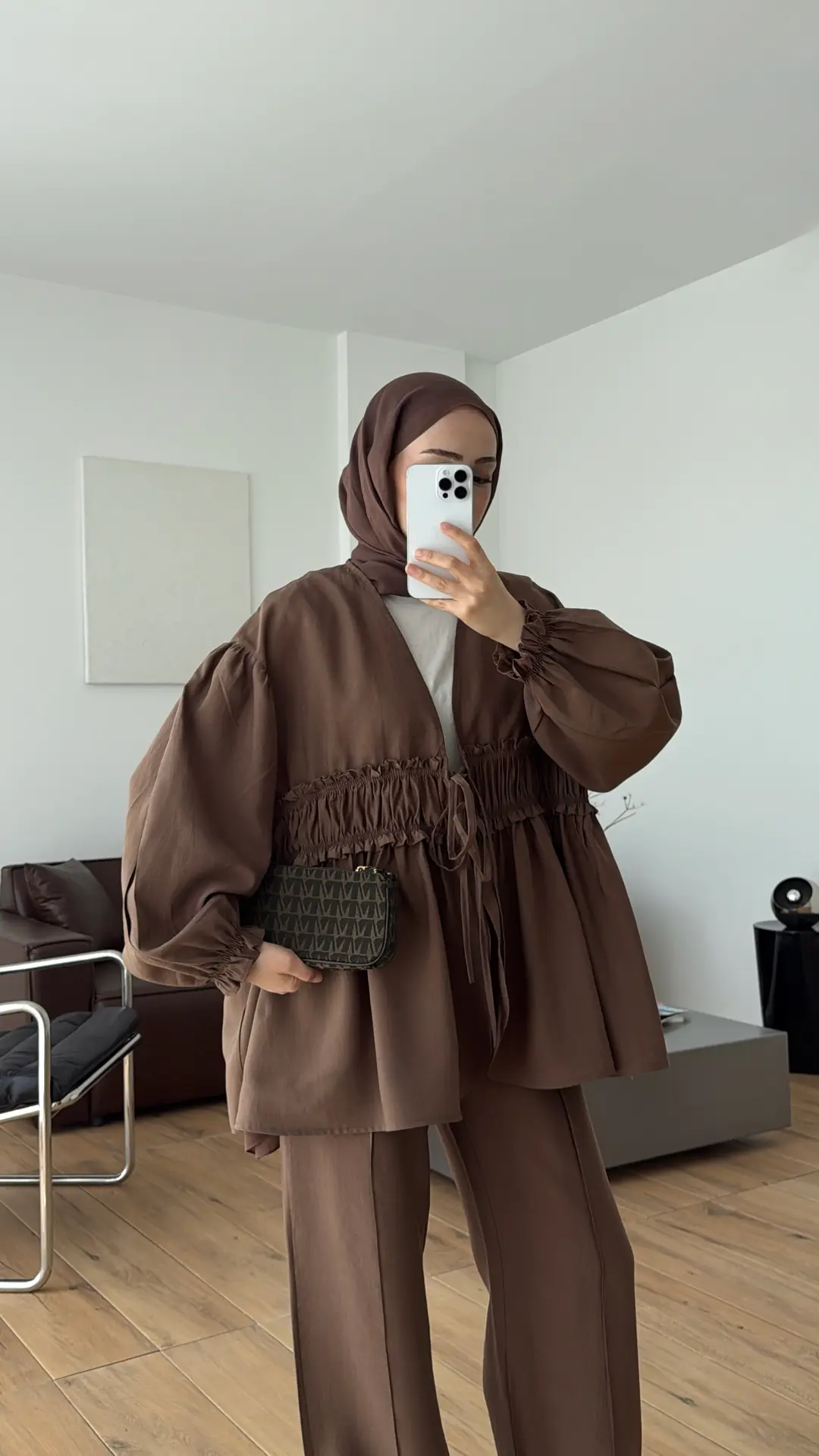 Beli Büzgülü Kimonolu Takım Kahve