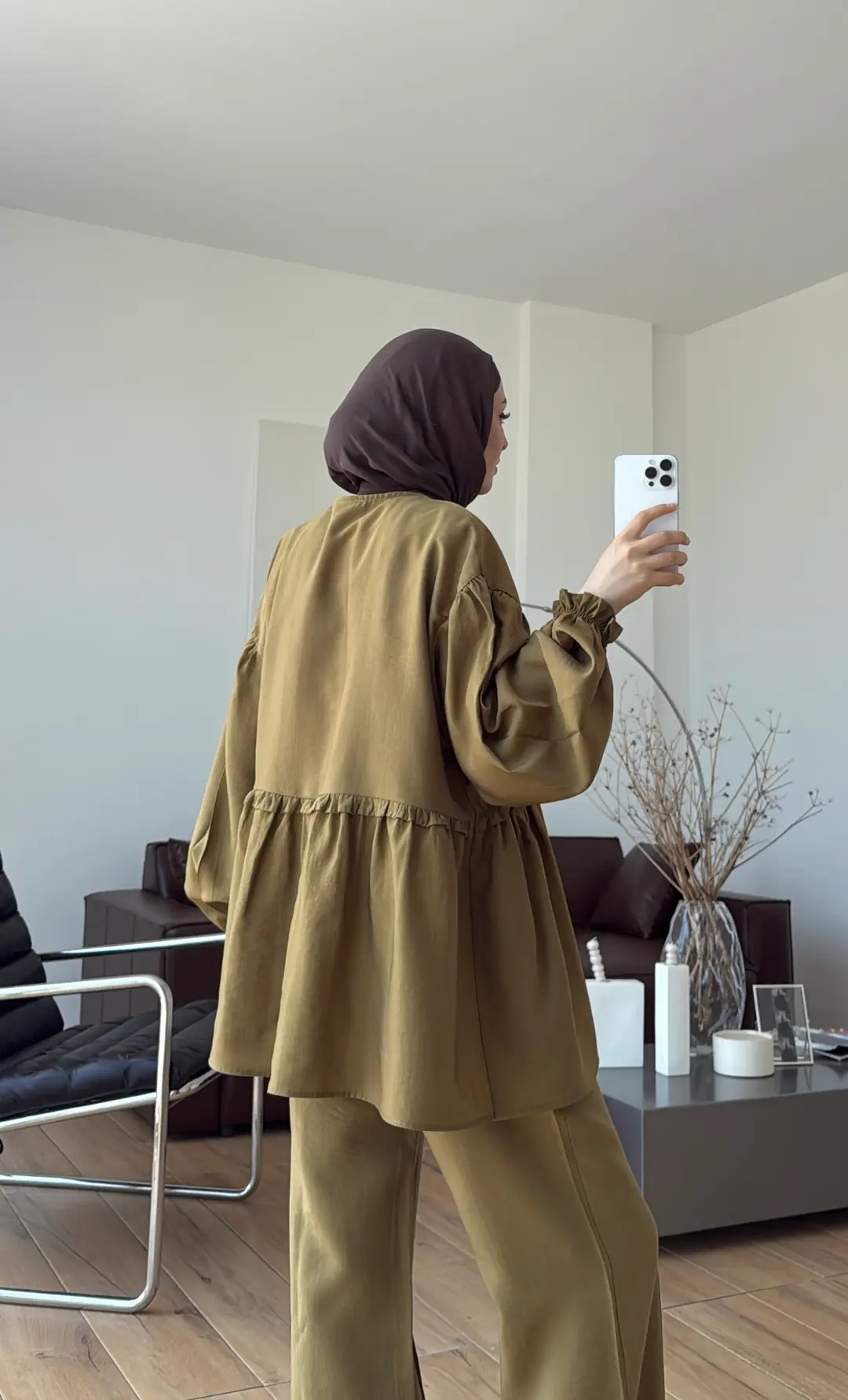 Beli Büzgülü Kimonolu Takım Yağ Yeşili