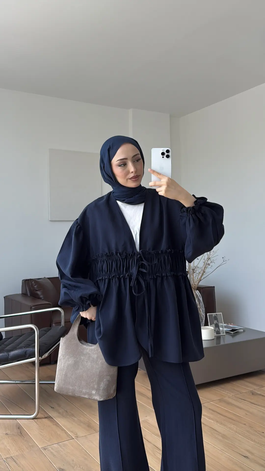 Beli Büzgülü Kimonolu Takım Lacivert
