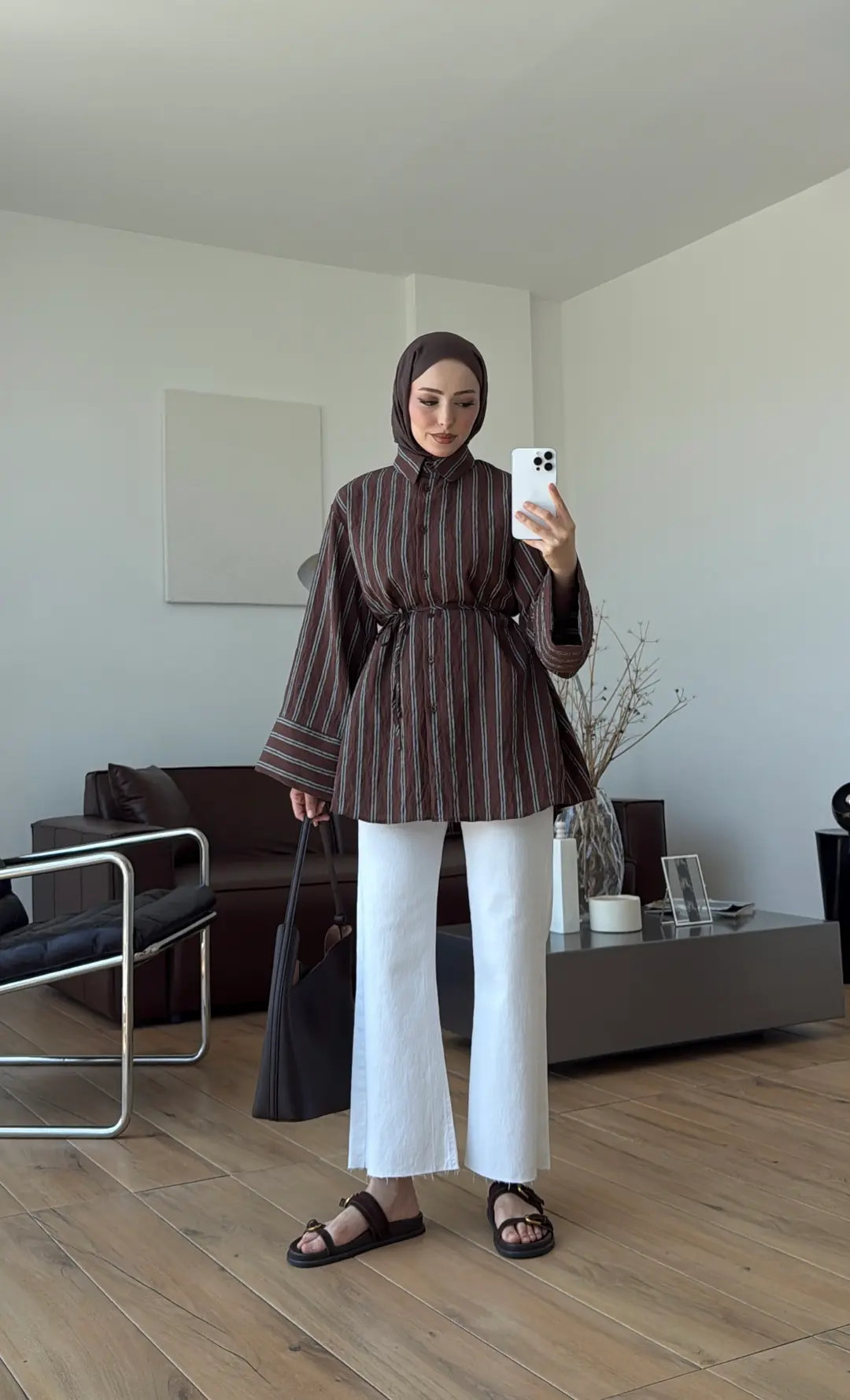 Çizgili Bağlamalı Gömlek Kahve
