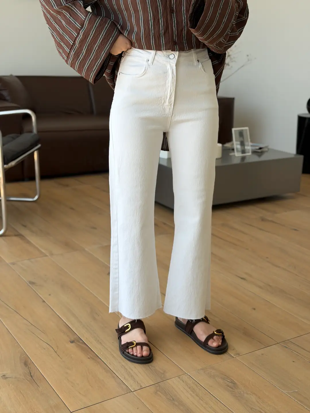Premium Paçası Kesik Flare Jean Beyaz