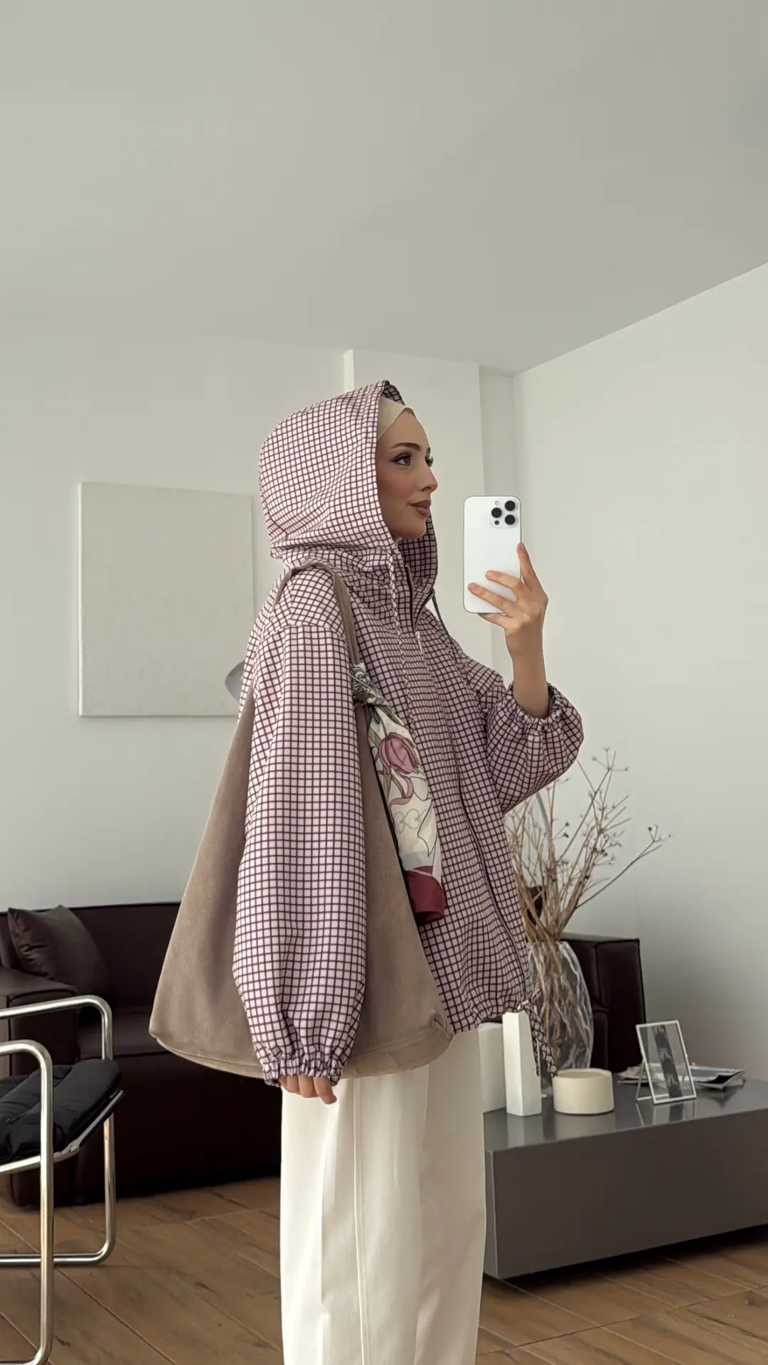 Kapşonlu Ekose Ceket Bordo