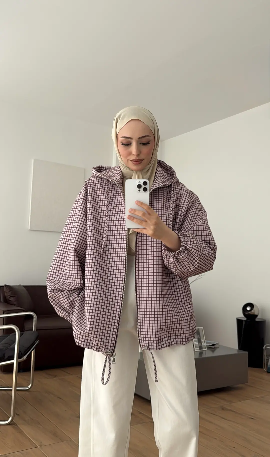 Kapşonlu Ekose Ceket Bordo