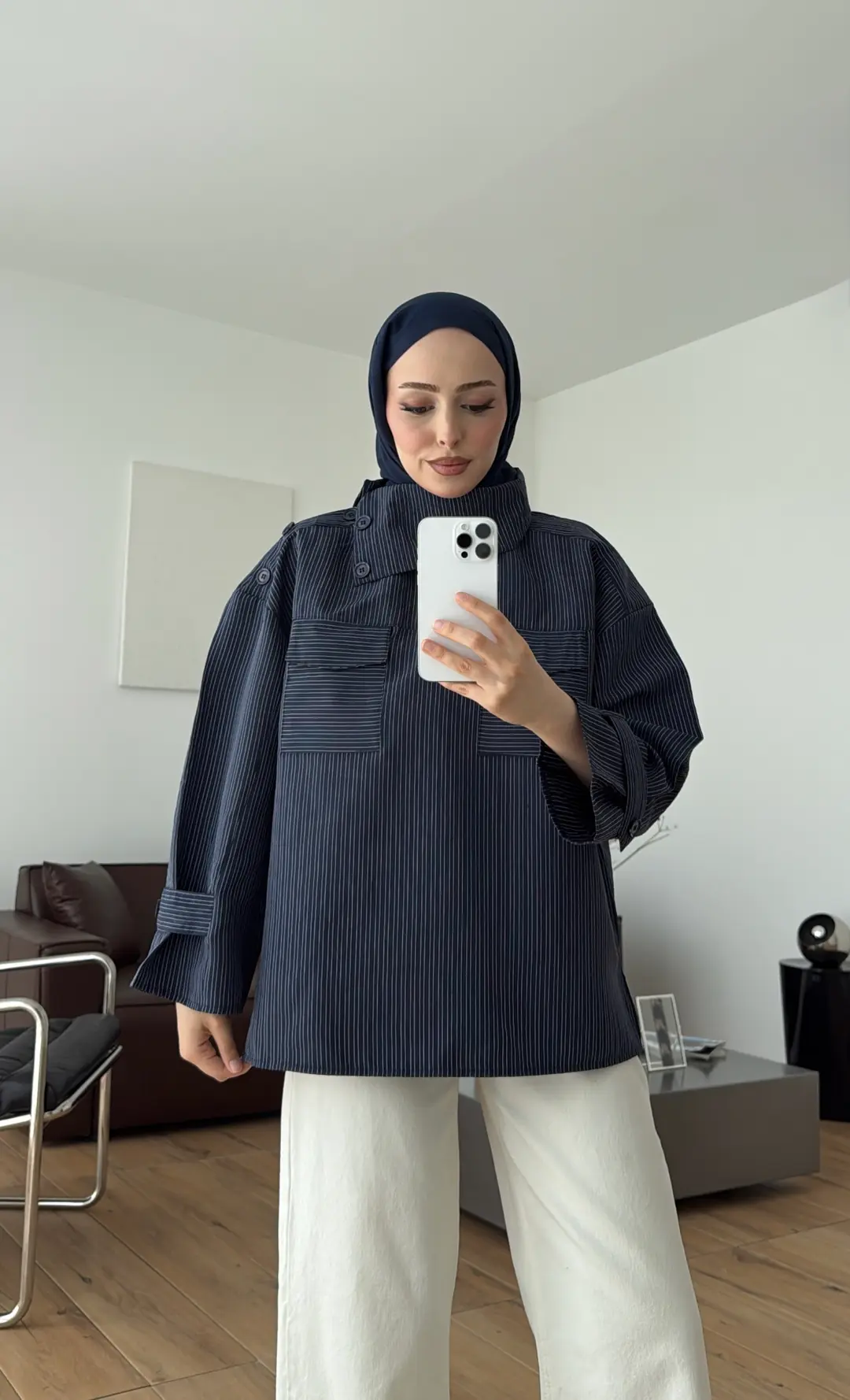 Yakası Düğme Detaylı Çizgili Gömlek Lacivert