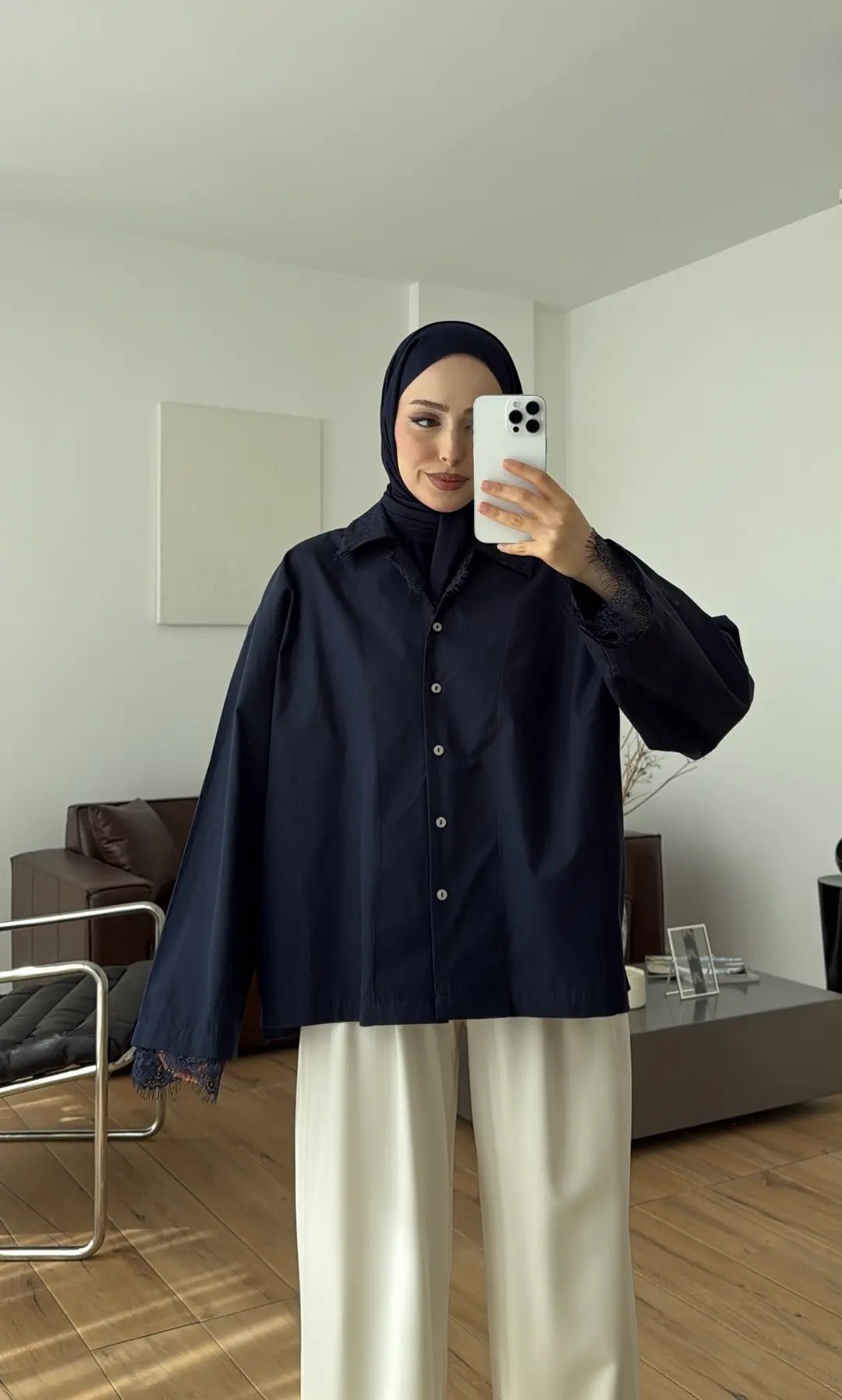 Dantelli Boxfit Gömlek Lacivert 