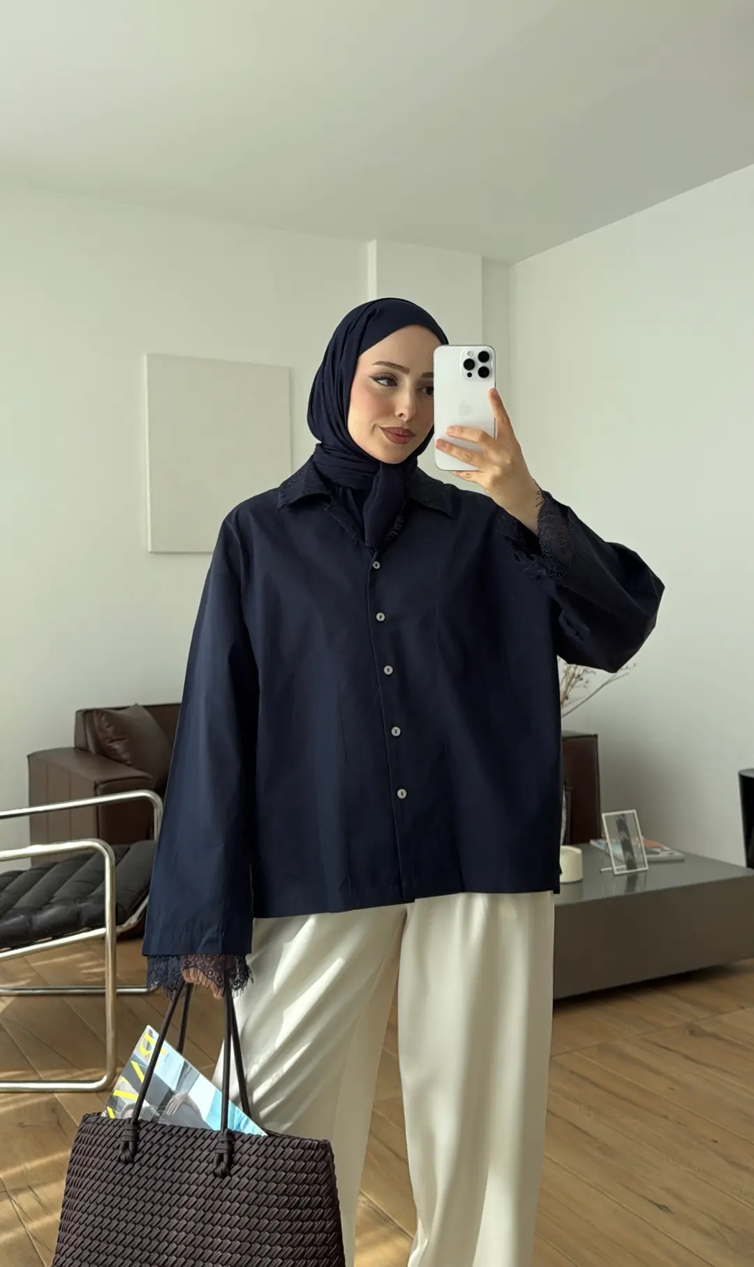 Dantelli Boxfit Gömlek Lacivert