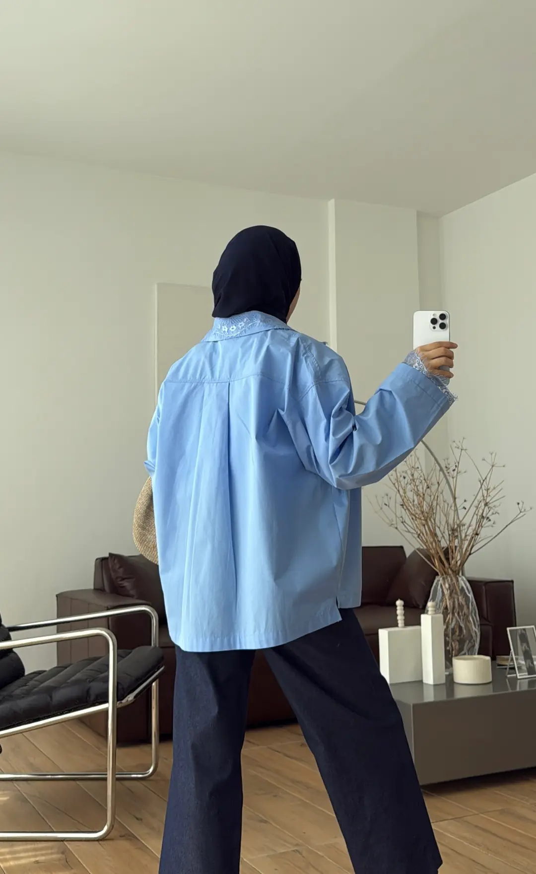 Dantelli Boxfit Gömlek Mavi