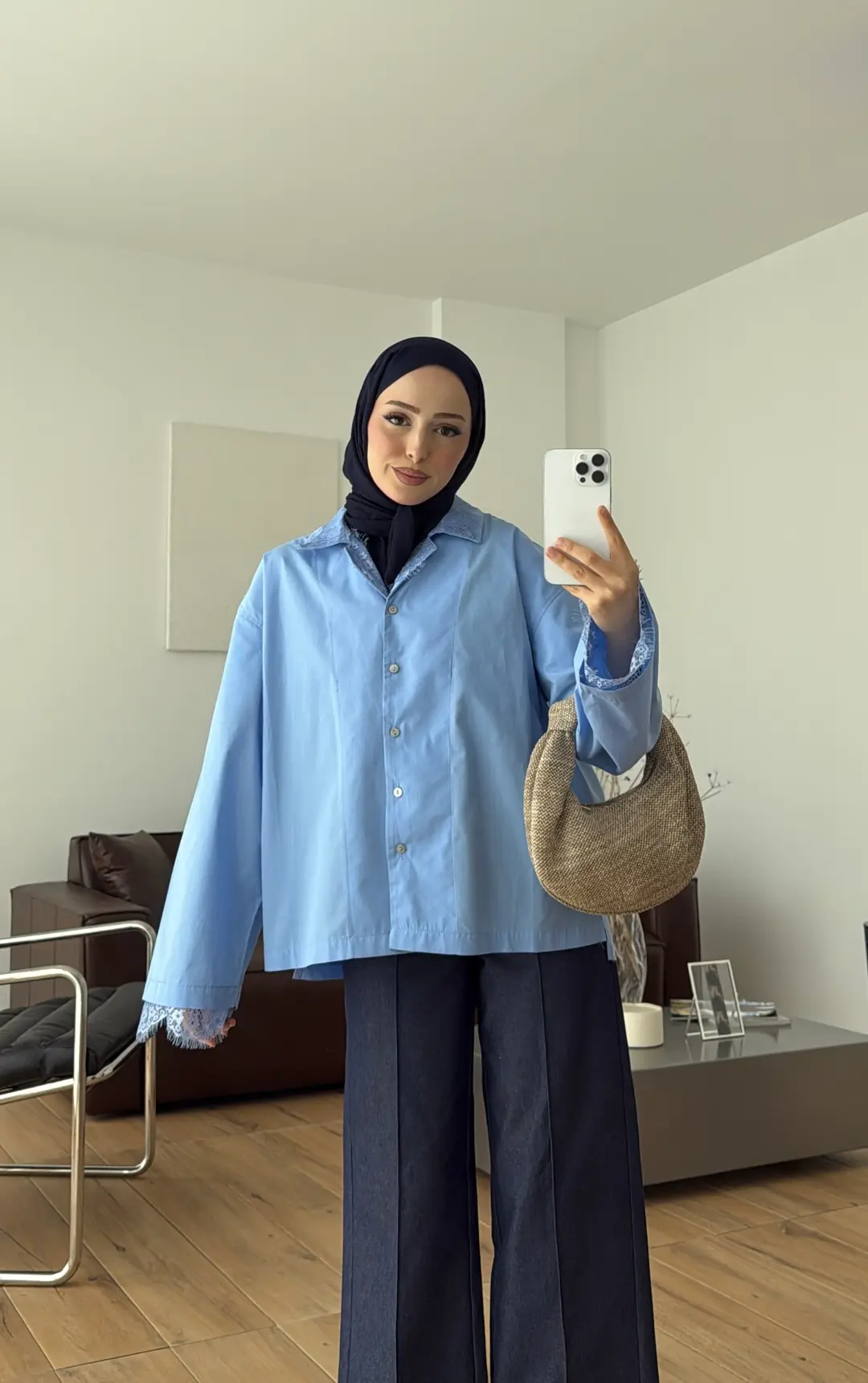 Dantelli Boxfit Gömlek Mavi