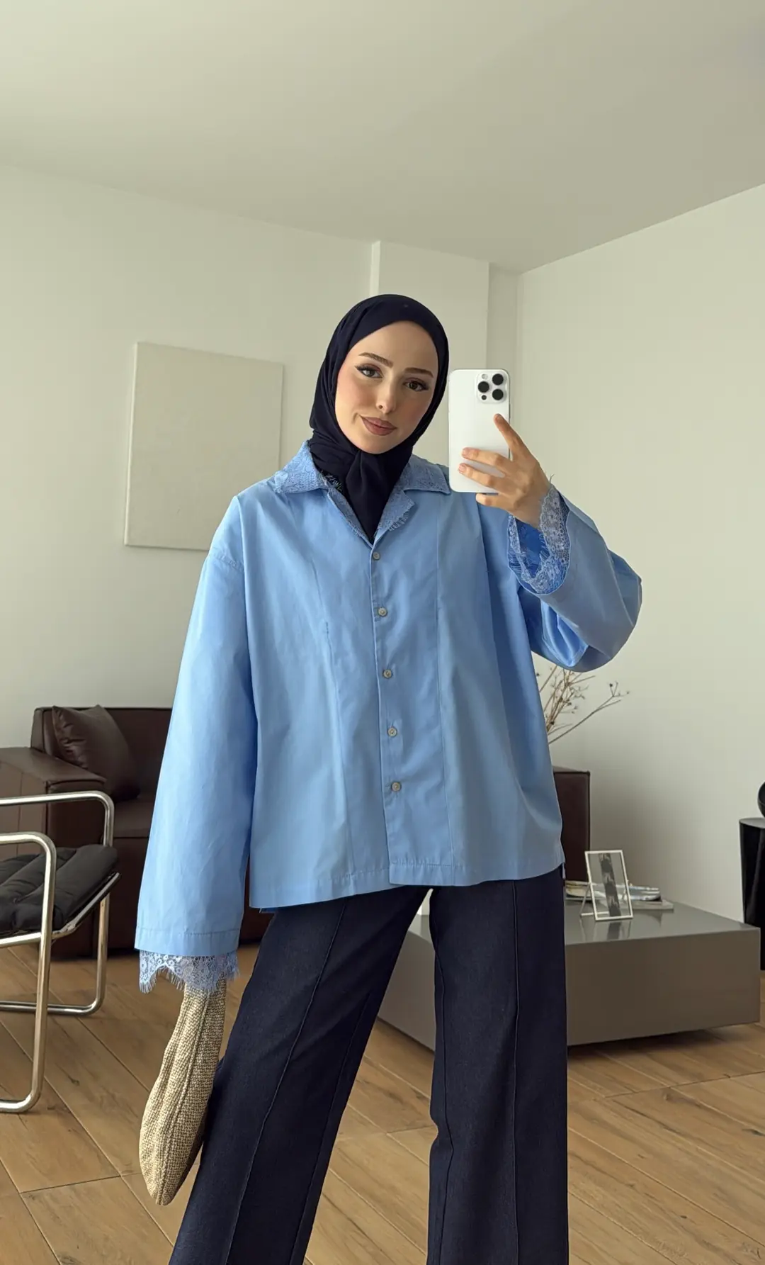 Dantelli Boxfit Gömlek Mavi