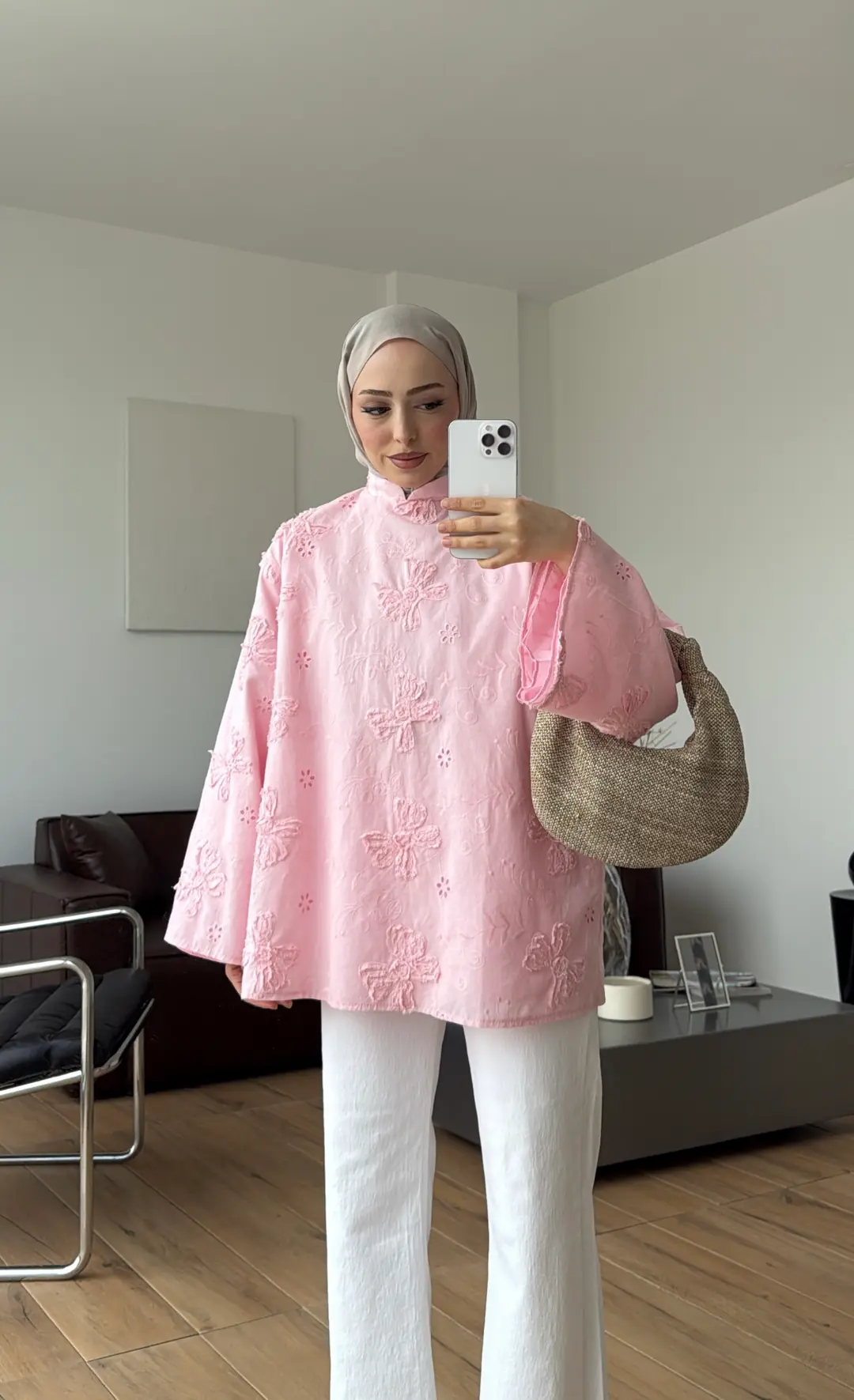 Dantelli Hakim Yaka Bluz Pembe