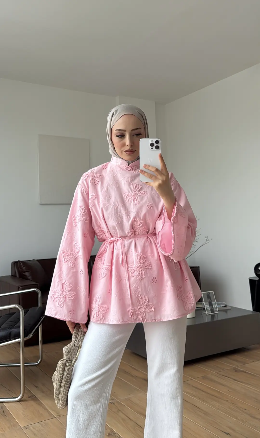 Dantelli Hakim Yaka Bluz Pembe