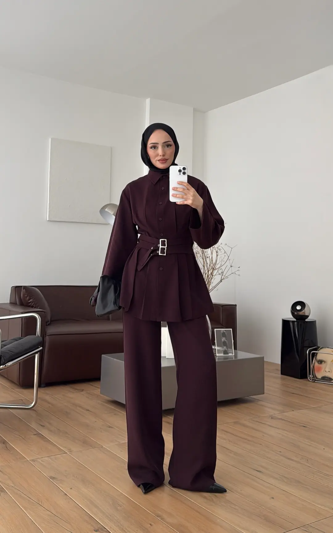 Pile Detay Kemerli Takım Mürdüm