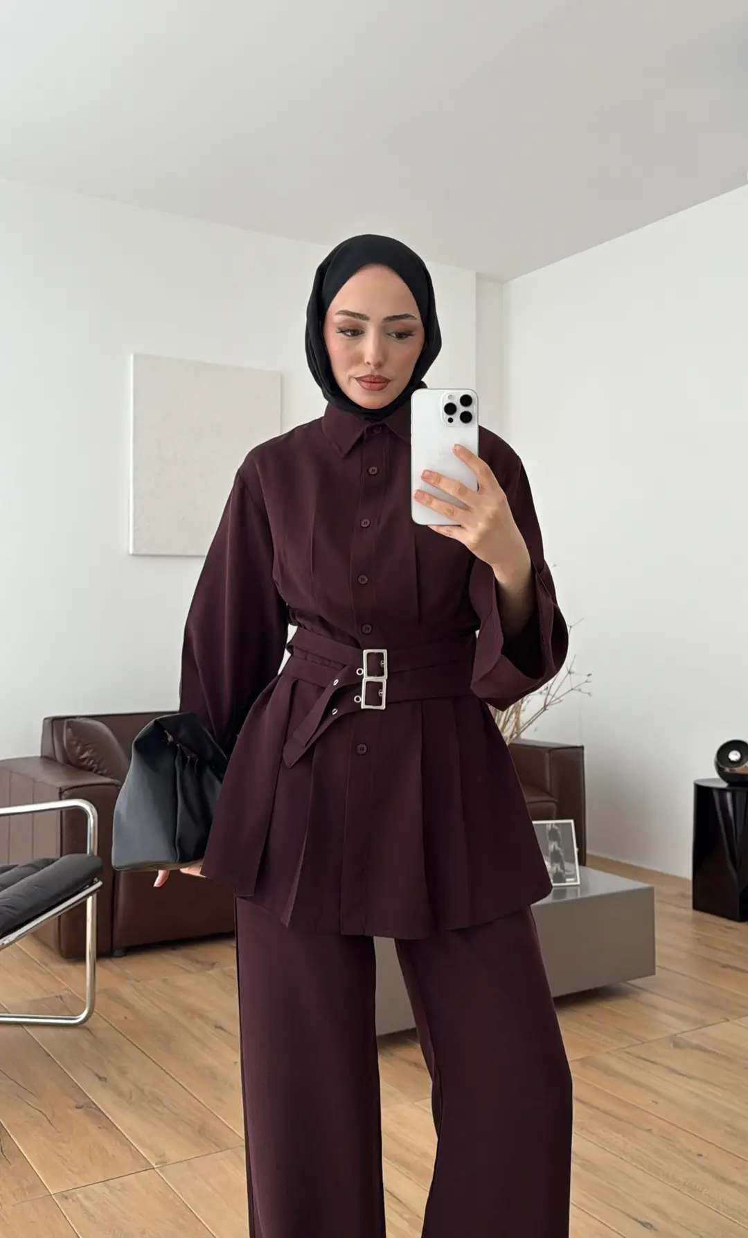 Pile Detay Kemerli Takım Mürdüm