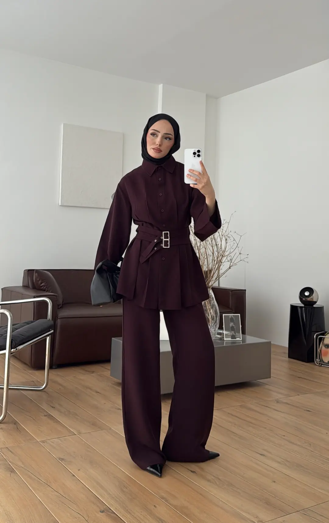 Pile Detay Kemerli Takım Mürdüm