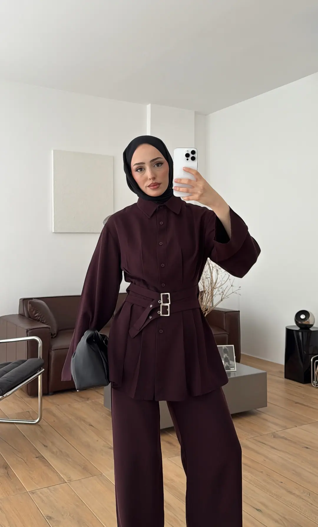 Pile Detay Kemerli Takım Mürdüm