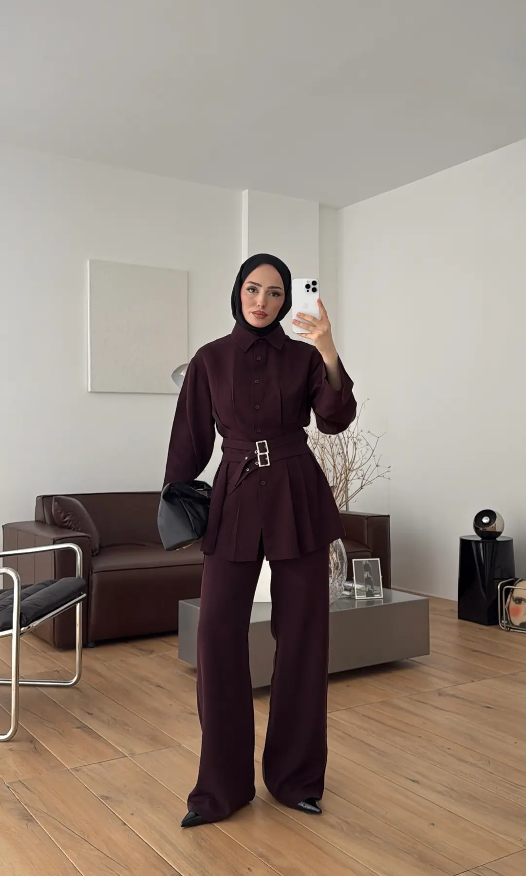 Pile Detay Kemerli Takım Mürdüm