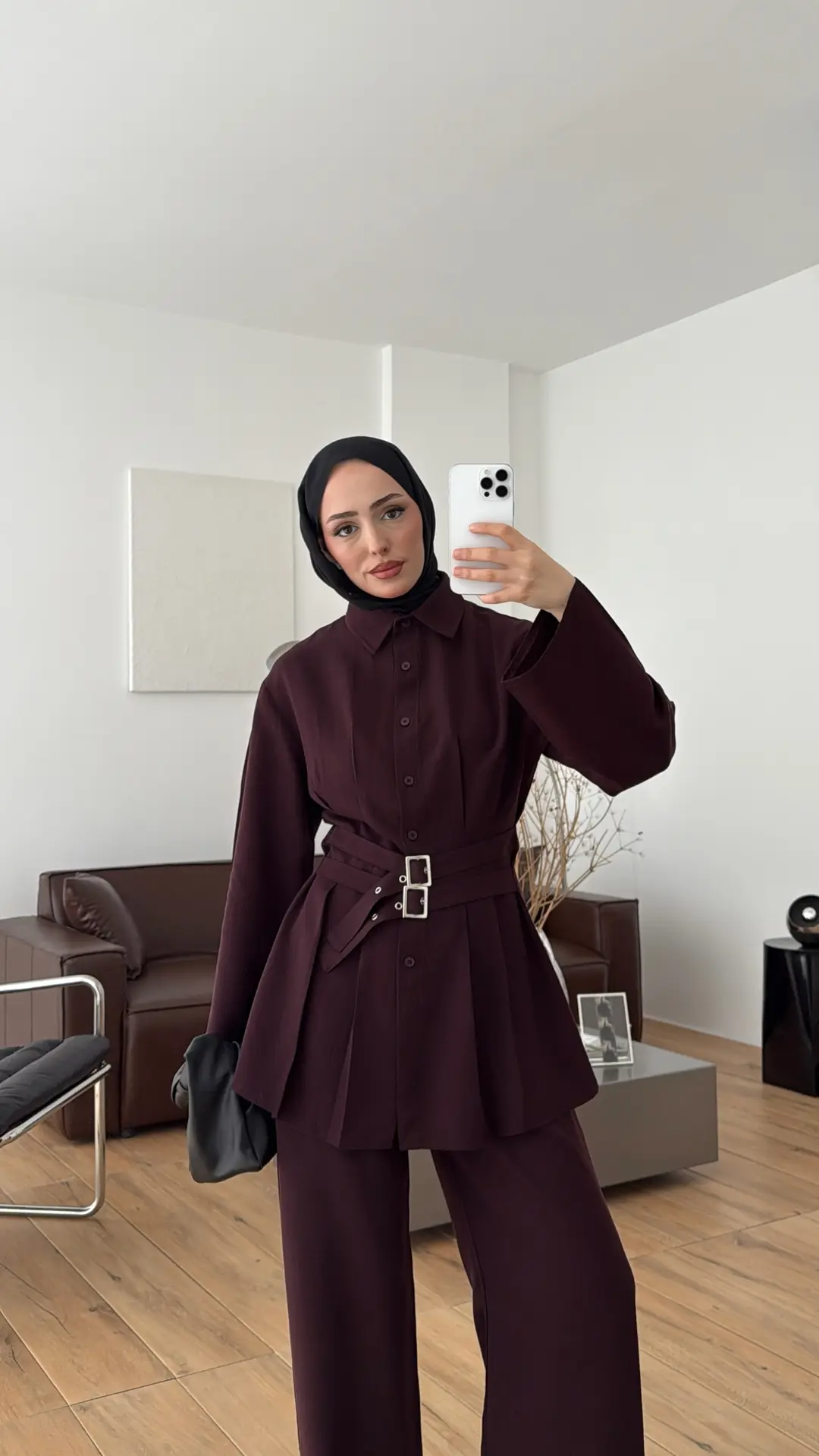 Pile Detay Kemerli Takım Mürdüm