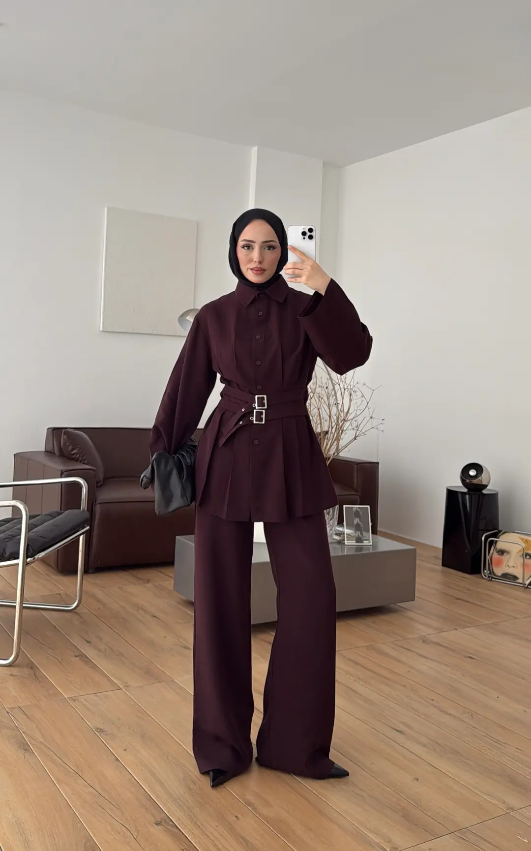 Pile Detay Kemerli Takım Mürdüm