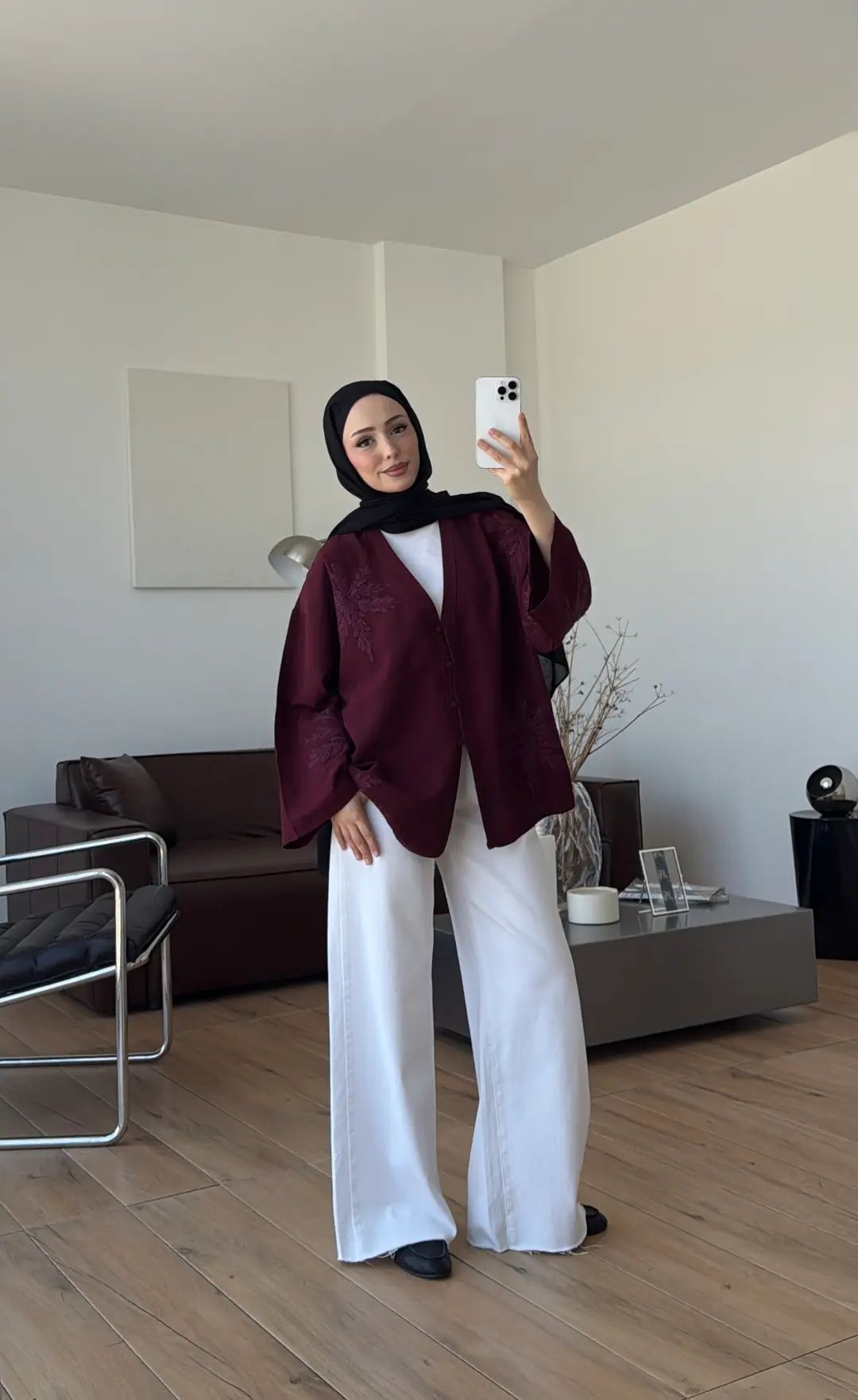 Nakışlı V Yaka Gömlek Bordo