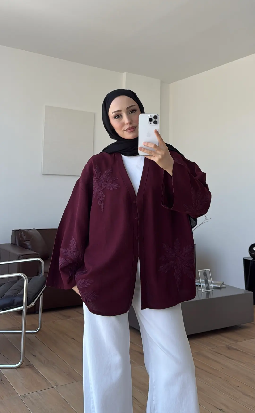 Nakışlı V Yaka Gömlek Bordo