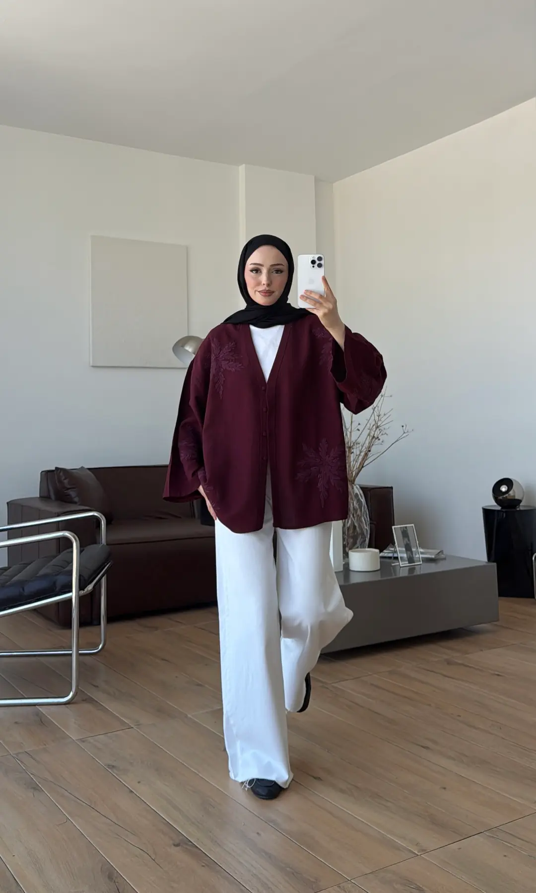 Nakışlı V Yaka Gömlek Bordo