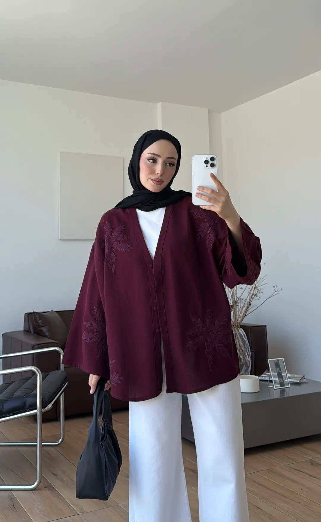 Nakışlı V Yaka Gömlek Bordo