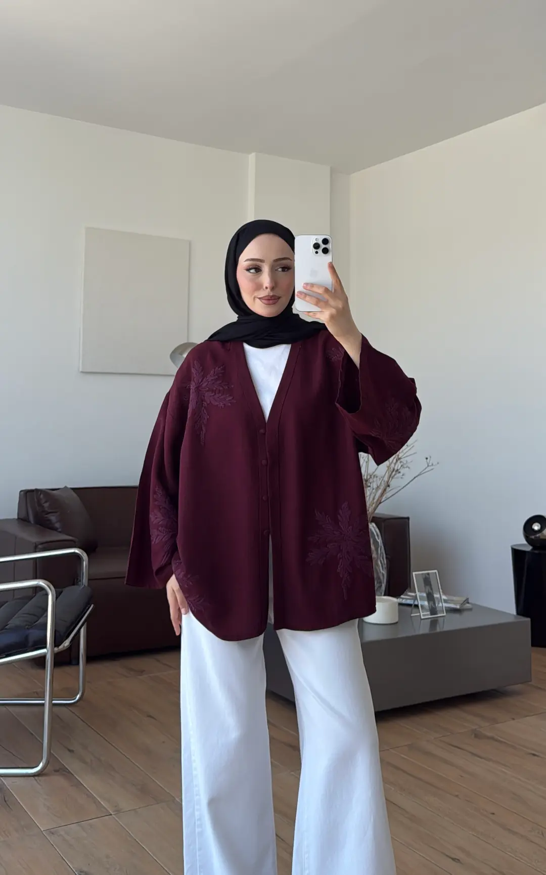 Nakışlı V Yaka Gömlek Bordo