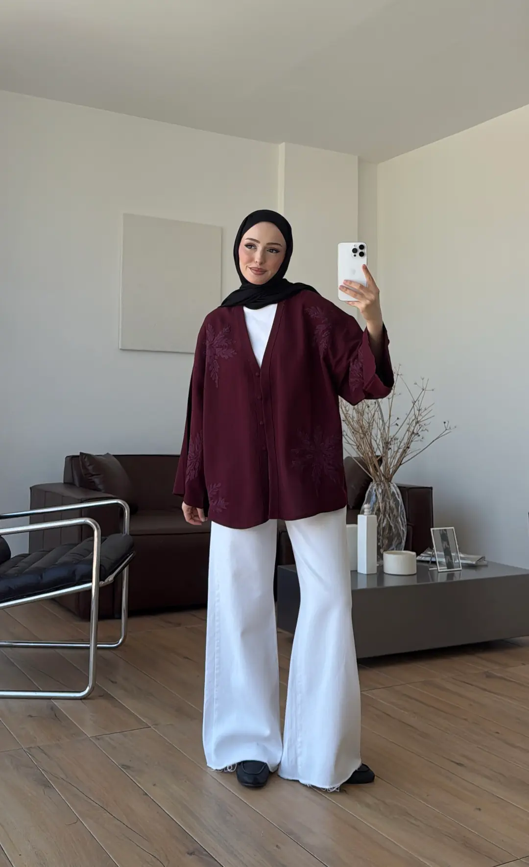 Nakışlı V Yaka Gömlek Bordo