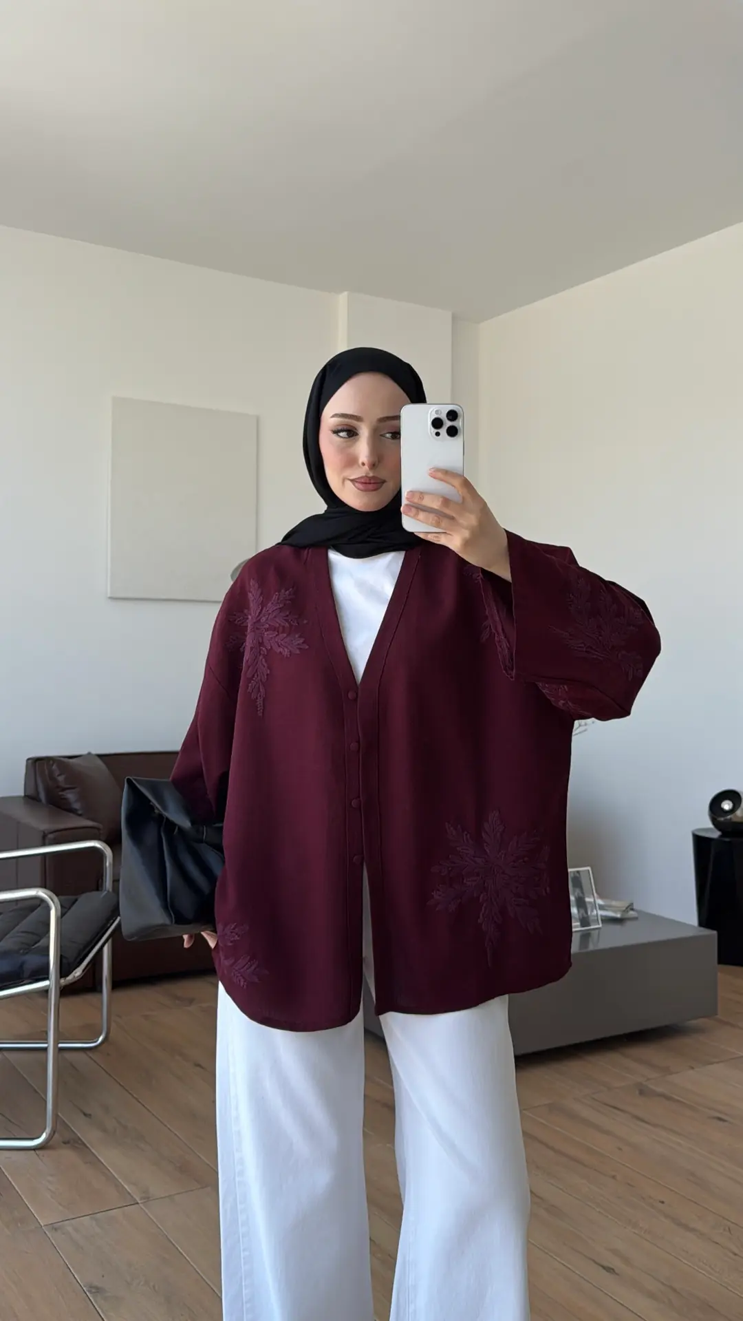 Nakışlı V Yaka Gömlek Bordo