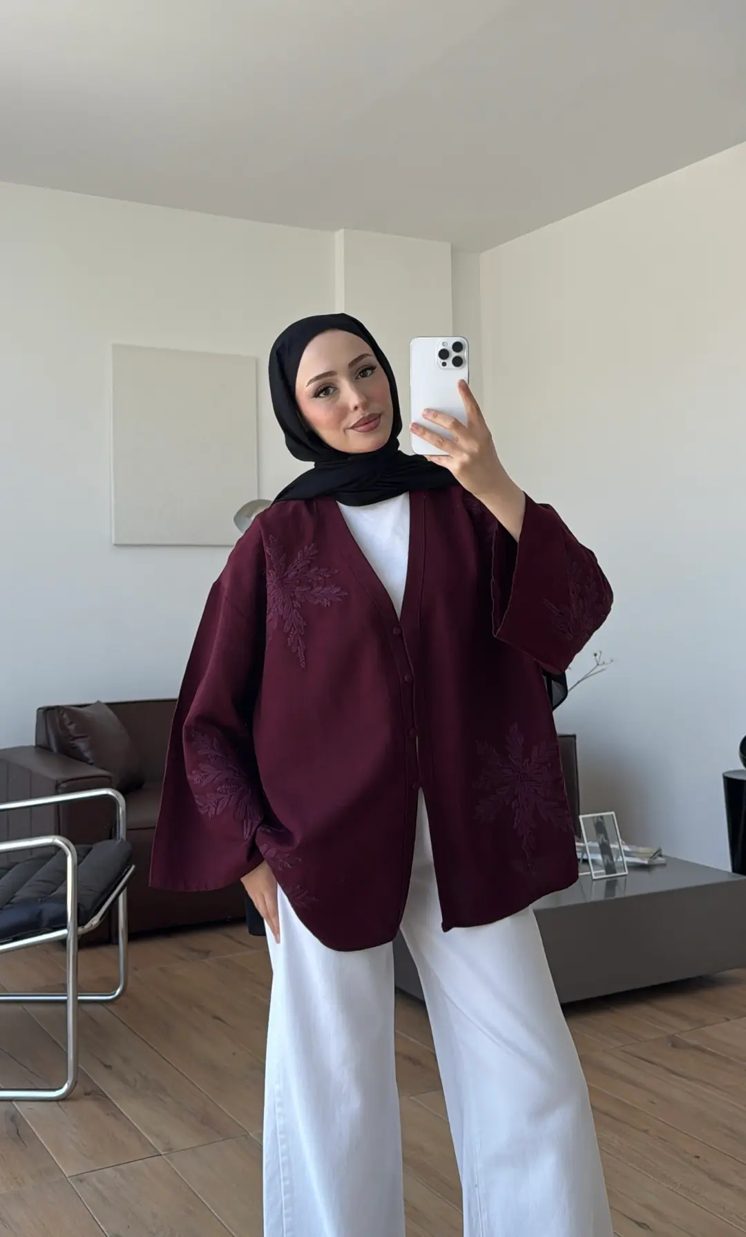 Nakışlı V Yaka Gömlek Bordo