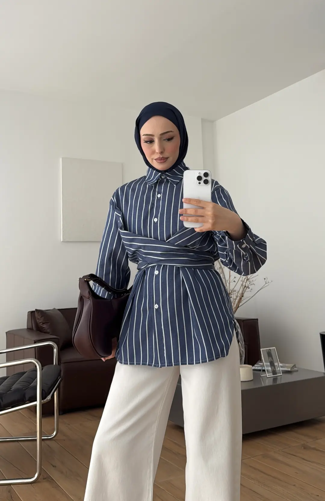 Çapraz Baglamalı Çizgili Gömlek Lacivert 