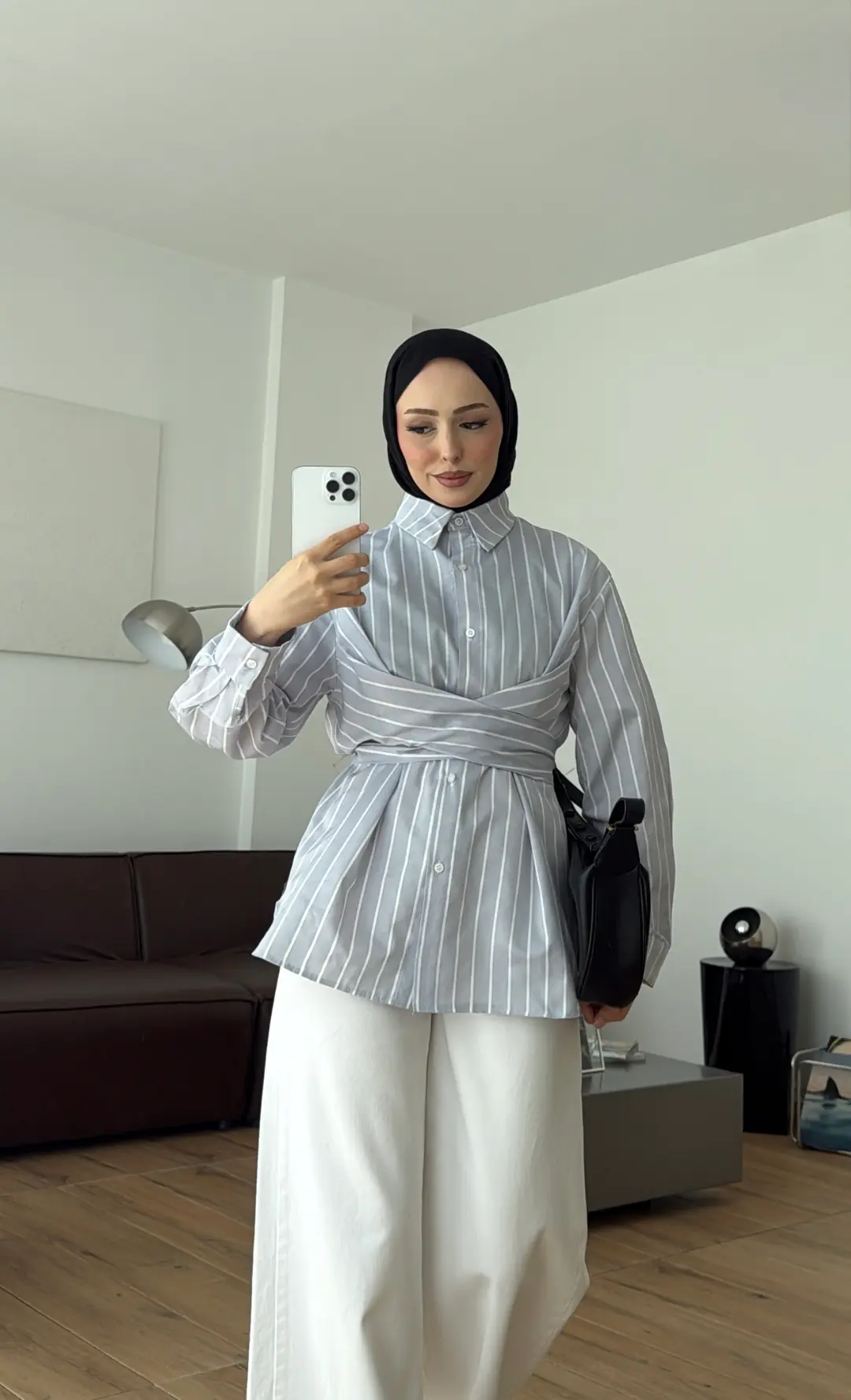 Çapraz Baglamalı Çizgili Gömlek Gri